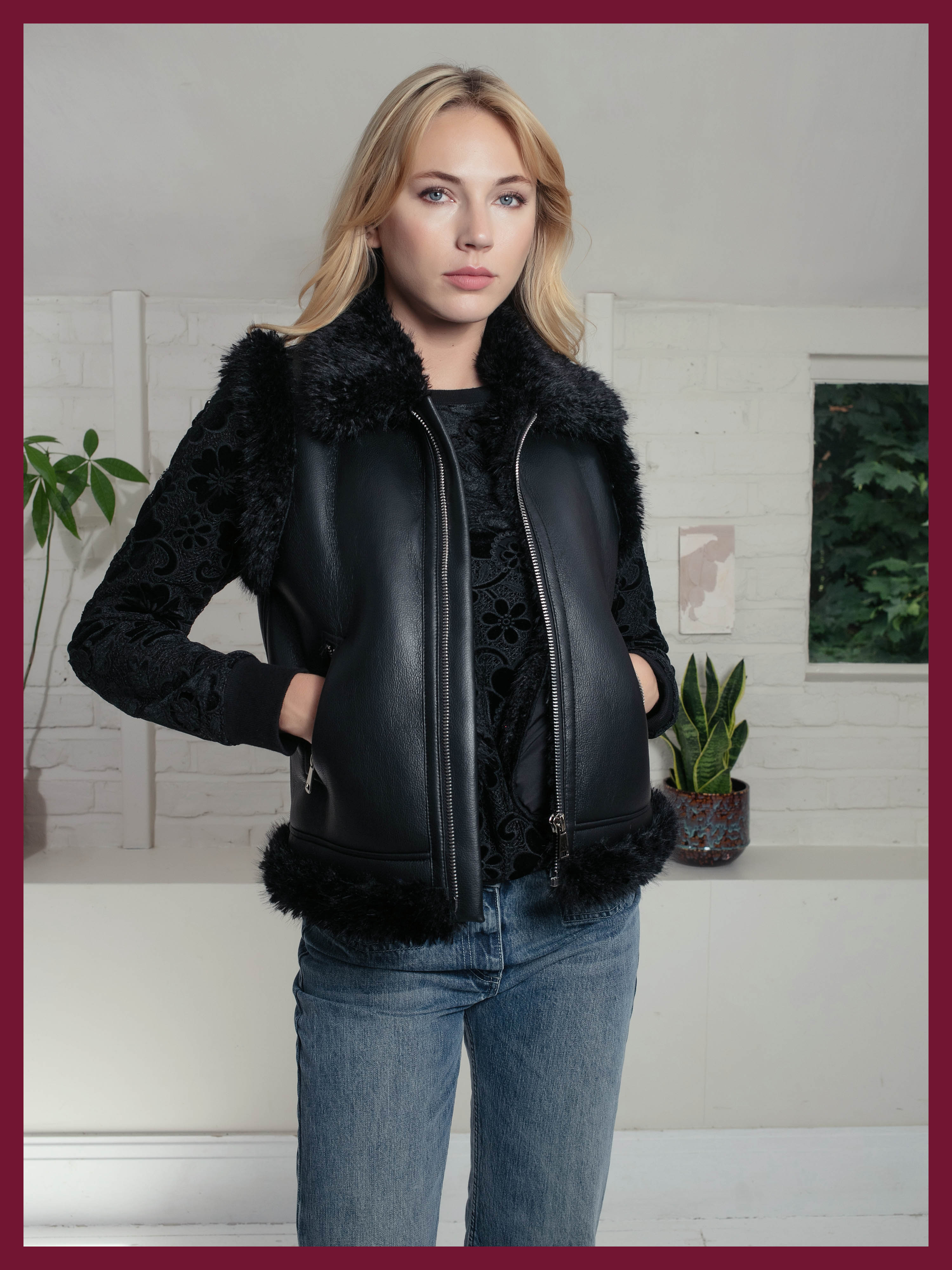Devina Leather Look Biker Gilet - Black