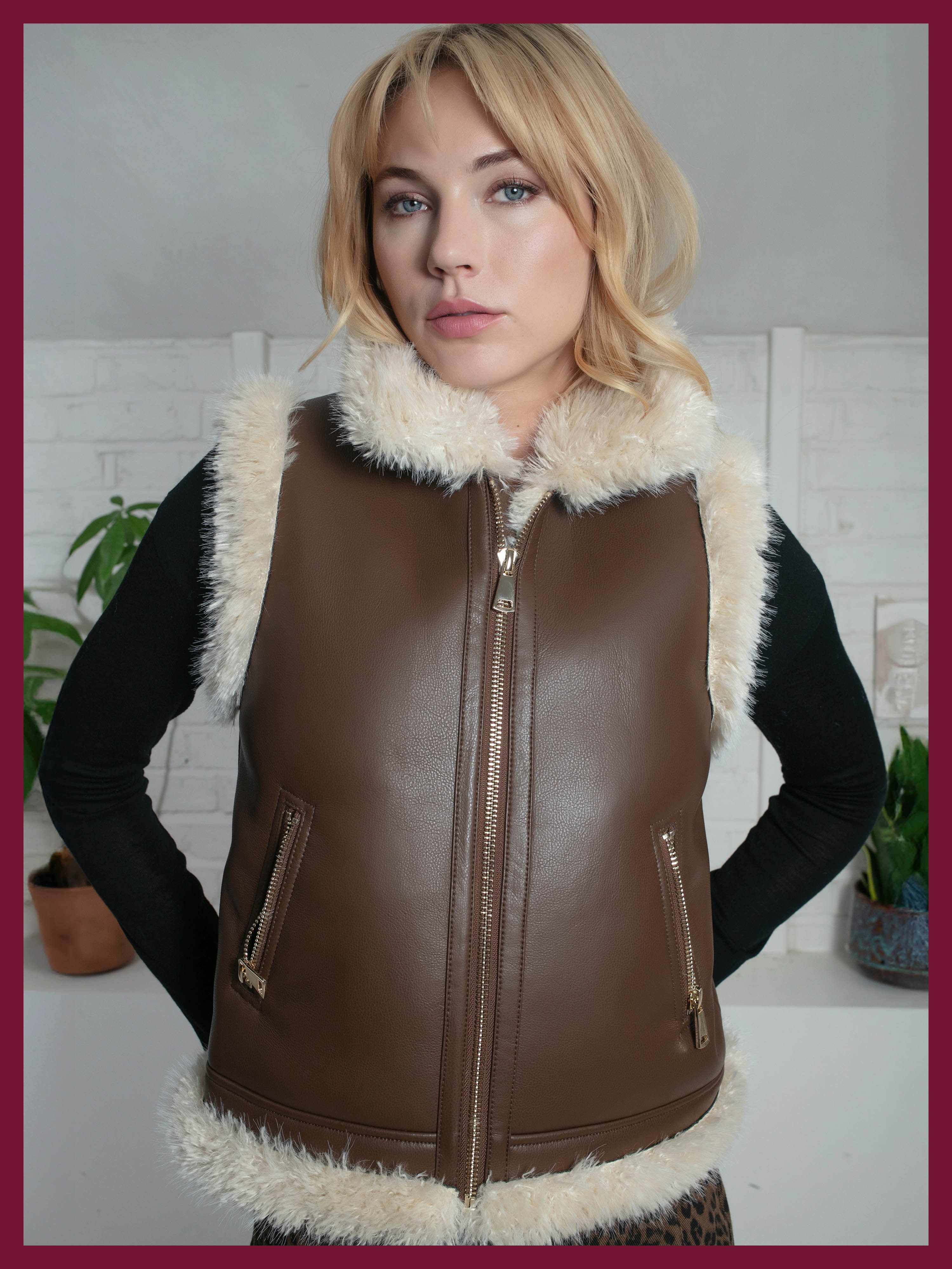 Devina Leather Look Biker Gilet - Tan