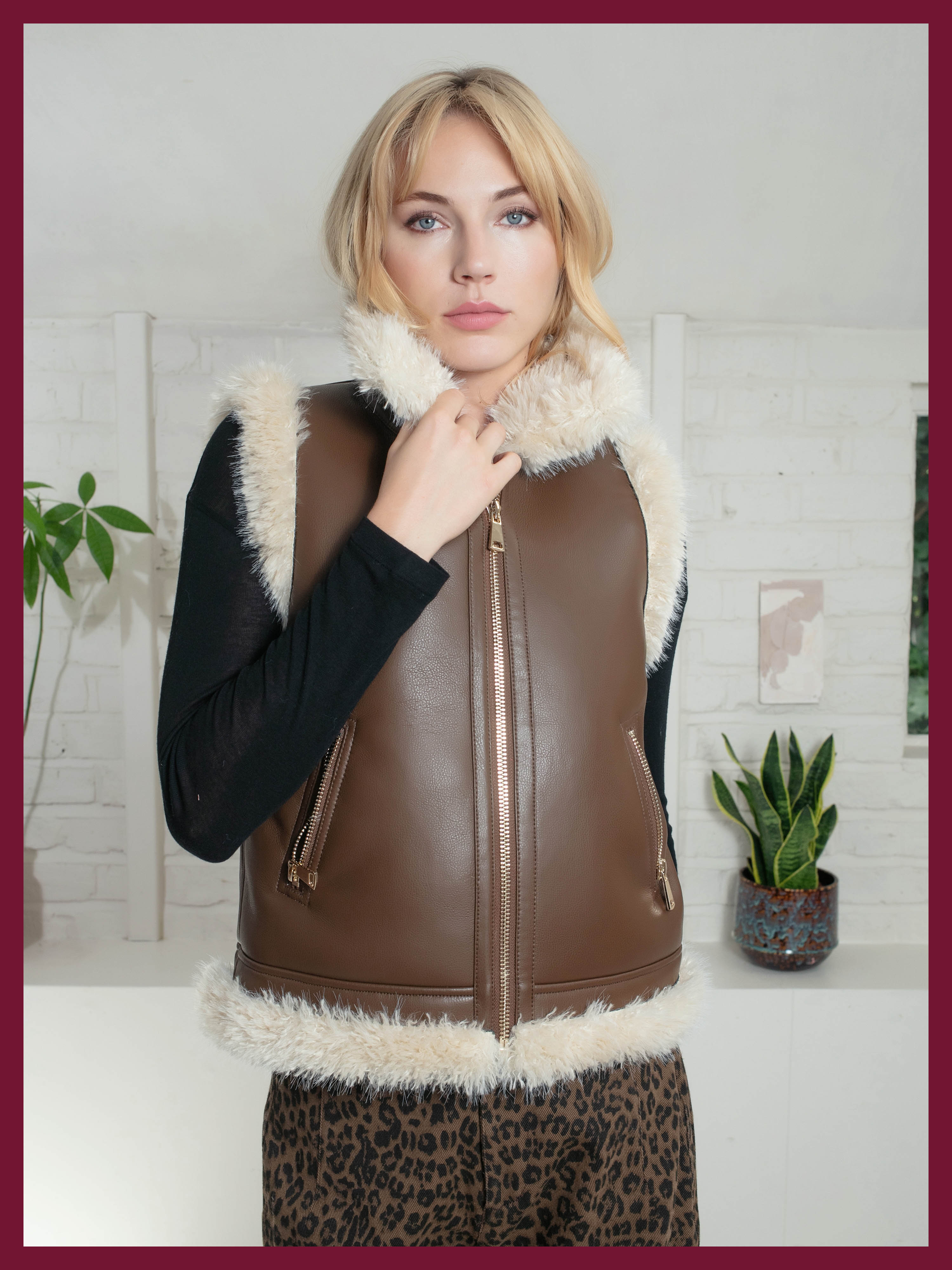 Devina Leather Look Biker Gilet - Tan