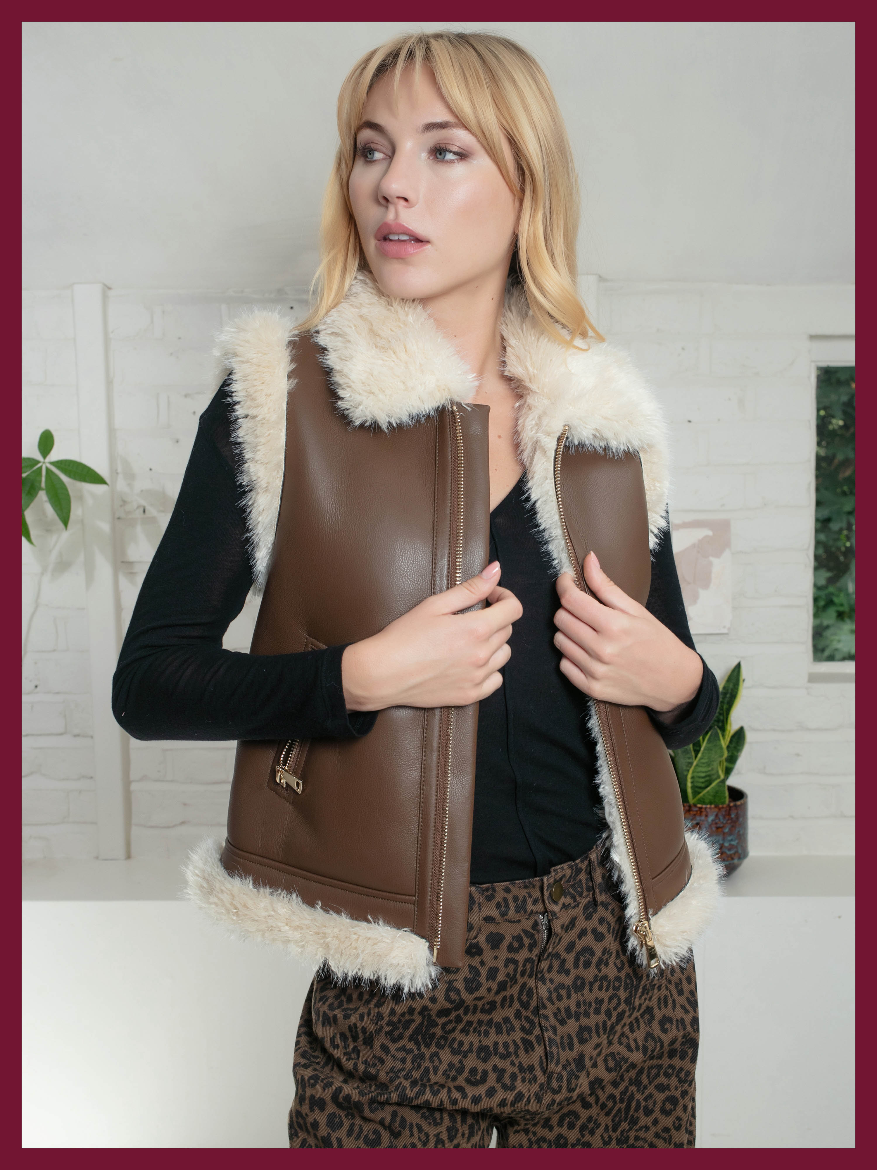 Devina Leather Look Biker Gilet - Tan