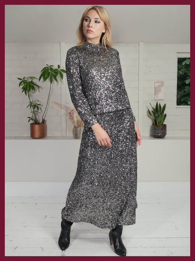Women's gunmetal sequin midi skirt for party outfits