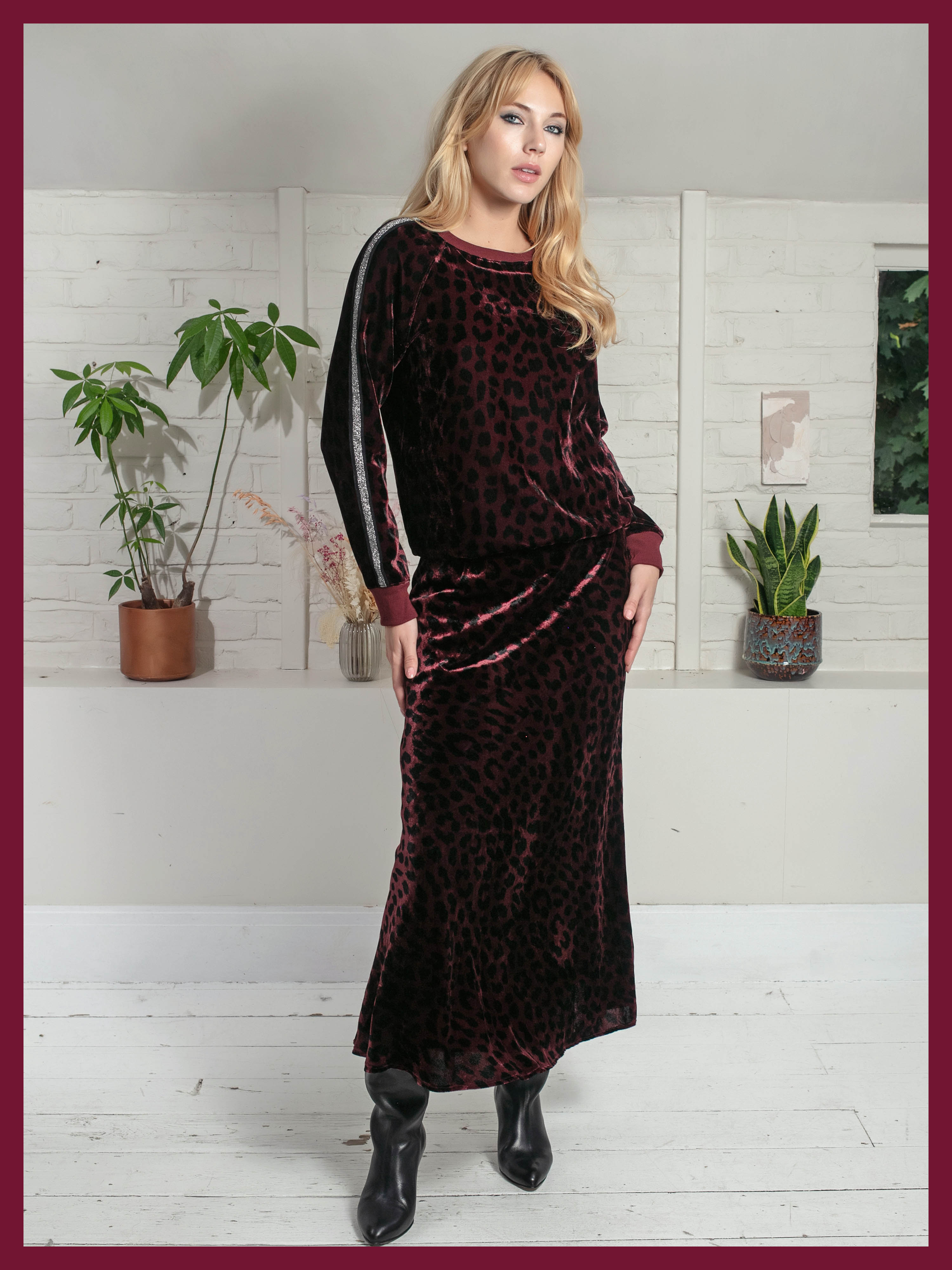Tilda Bias Cut Skirt In Plum Leopard