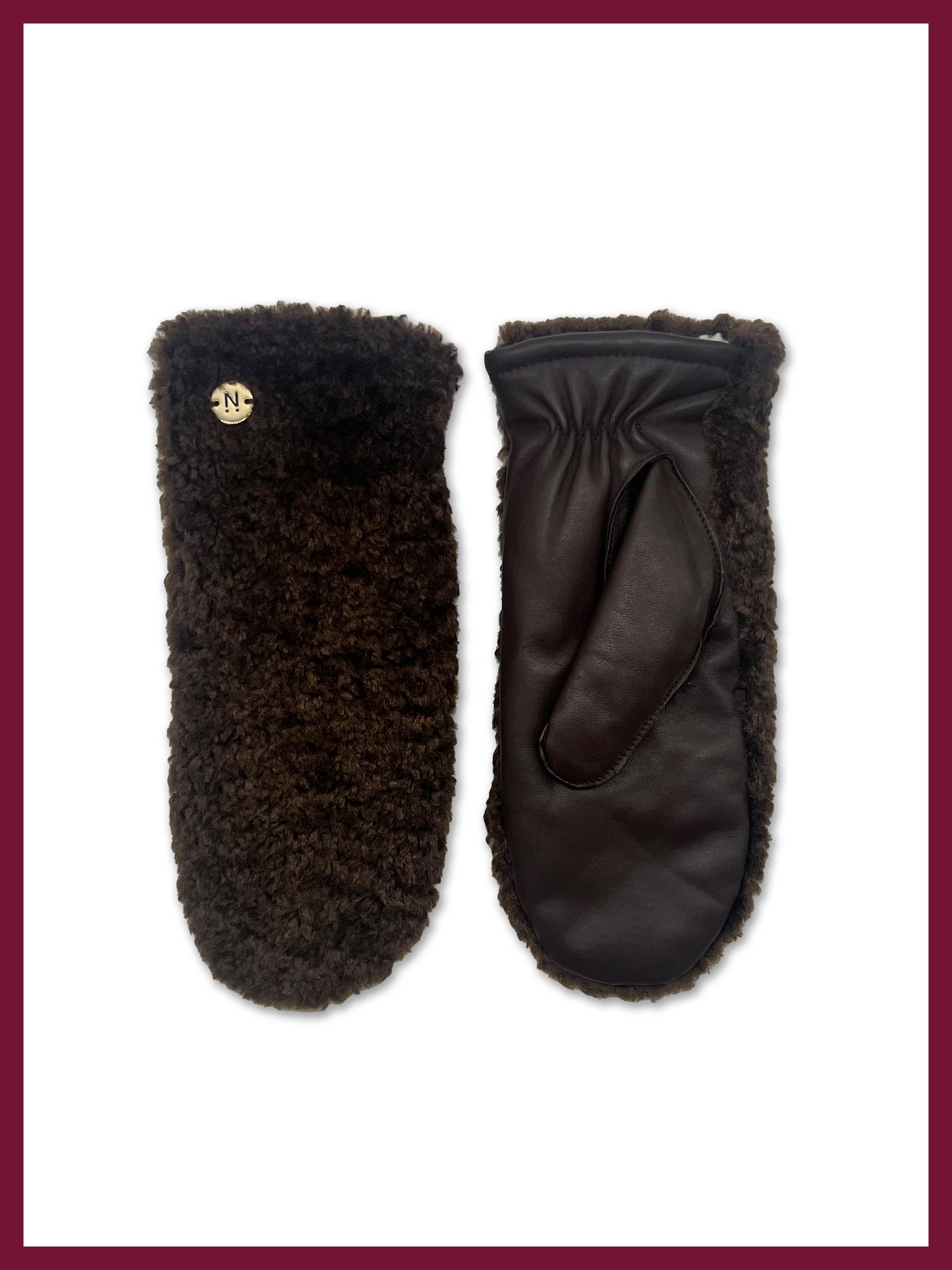 Women's chocolate brown faux fur lined leather mittens