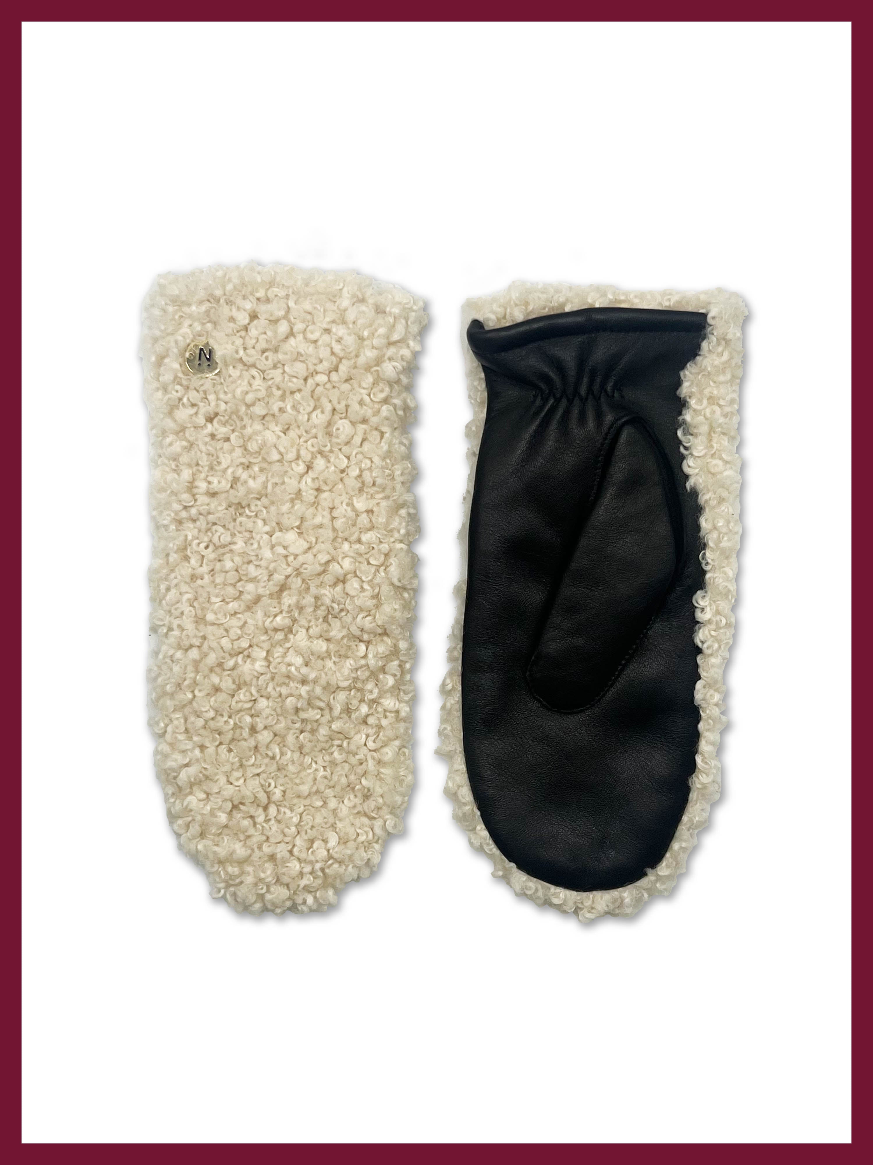 Women's cream faux fur lined leather mittens for winter