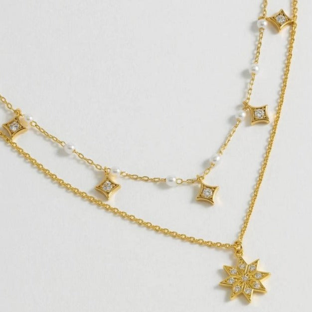 Pearl and Double Star Necklace - gold plated