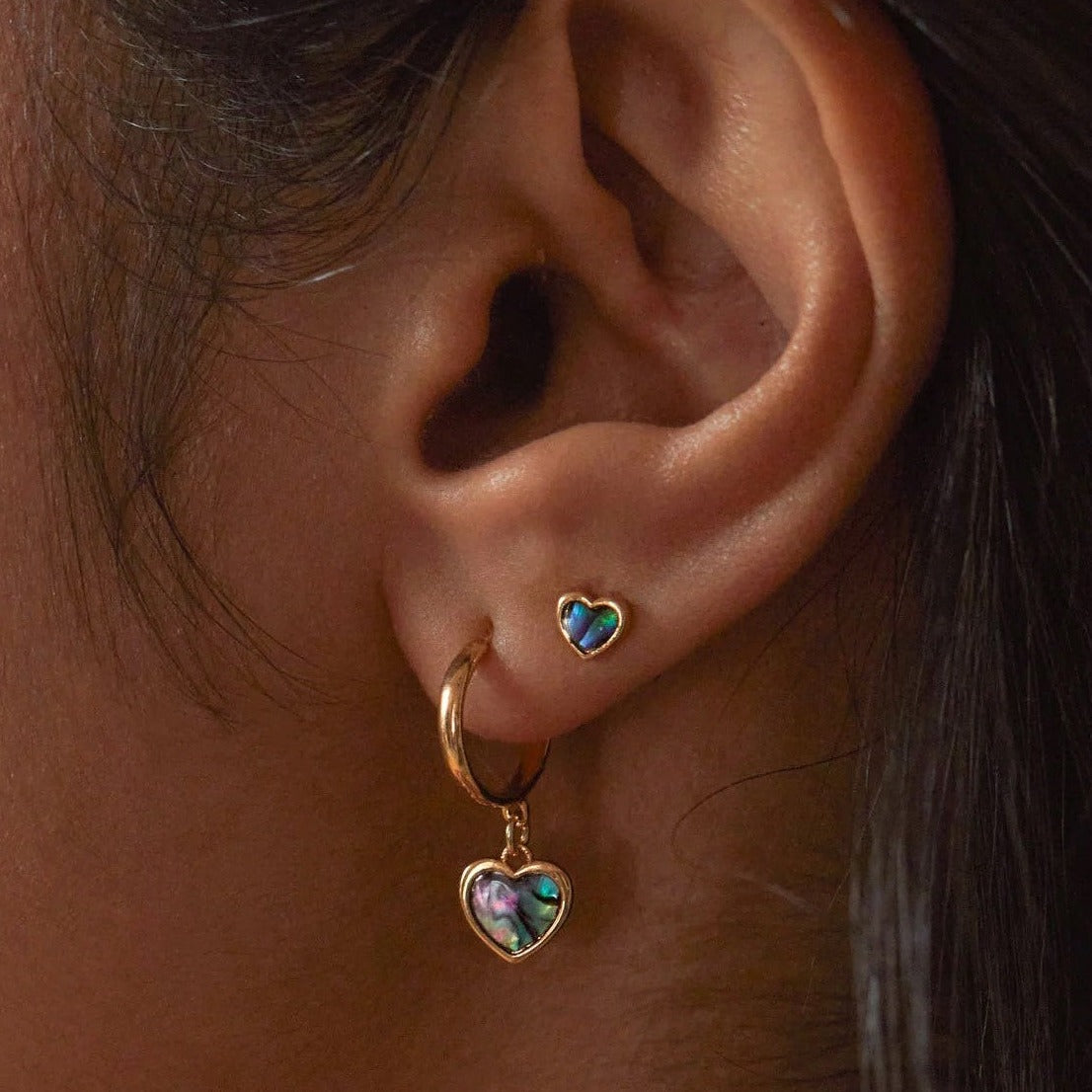 Abalone Heart Drop Hoops - Gold Plated