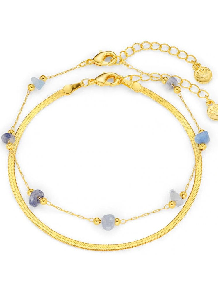 Semi-Precious Sodalite Chip & Snake Chain 2-Row Bracelet