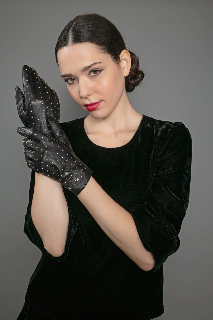 Black studded leather gloves for women's fashion outfits